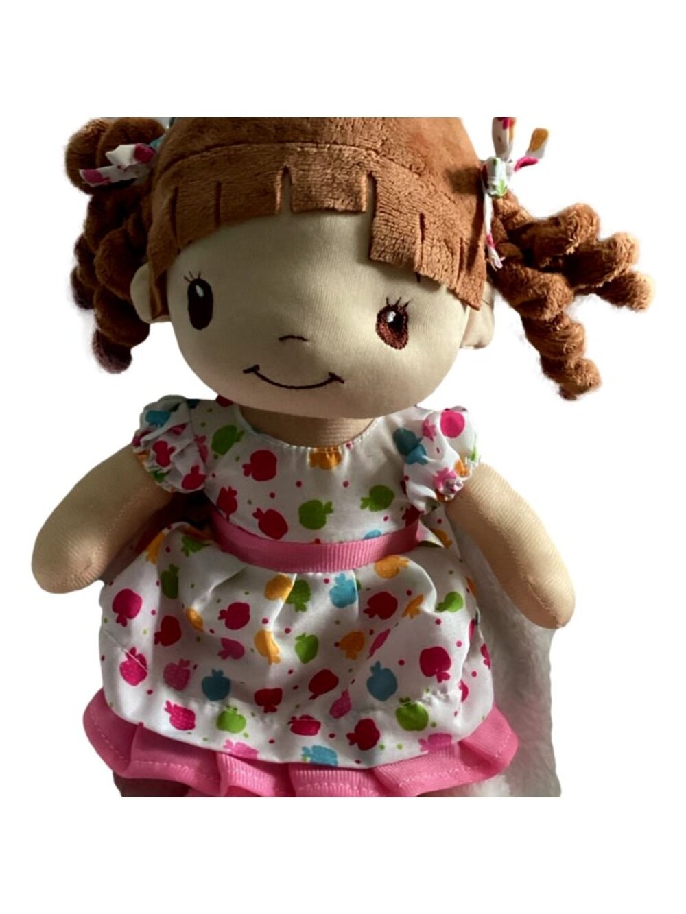 Rag Doll Plush Toy Pink Floral Dress Braided Hair Soft Stuffed Doll Decorative T